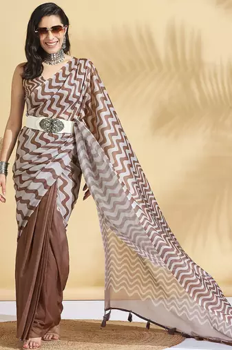 Brown printed blended cotton designer saree with blouse piece