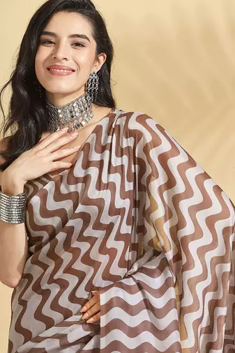Brown printed blended cotton designer saree with blouse piece