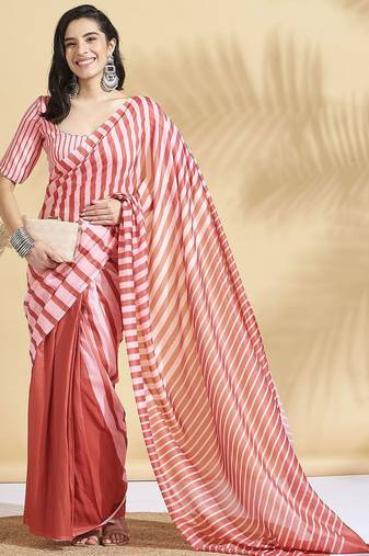 Pink printed blended cotton designer saree with blouse piece