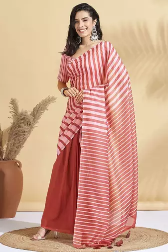 Pink printed blended cotton designer saree with blouse piece