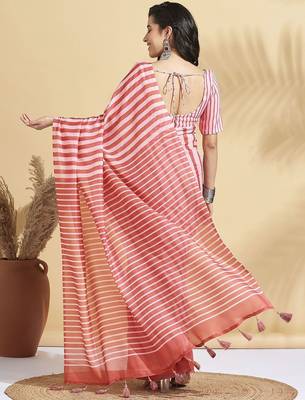 Pink printed blended cotton designer saree with blouse piece 3