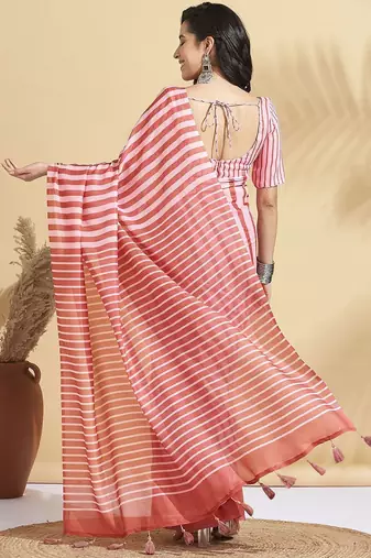 Pink printed blended cotton designer saree with blouse piece