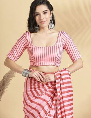 Pink printed blended cotton designer saree with blouse piece 5