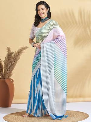 White printed blended cotton designer saree with blouse piece 1