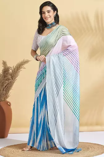 White printed blended cotton designer saree with blouse piece