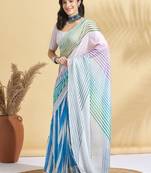 White printed blended cotton designer saree with blouse piece