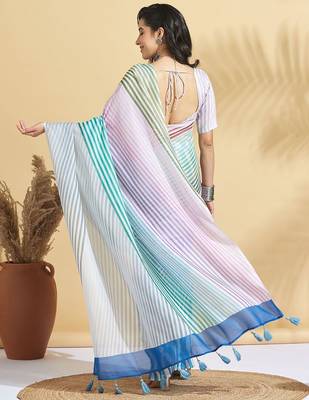 White printed blended cotton designer saree with blouse piece 2