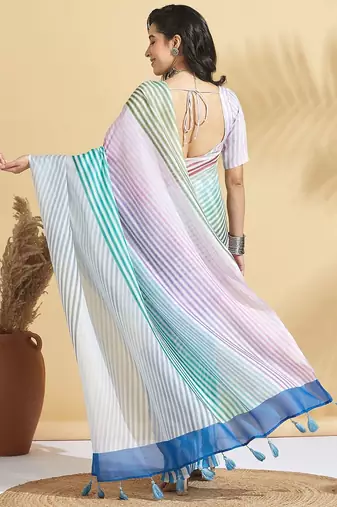 White printed blended cotton designer saree with blouse piece