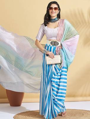 White printed blended cotton designer saree with blouse piece 3