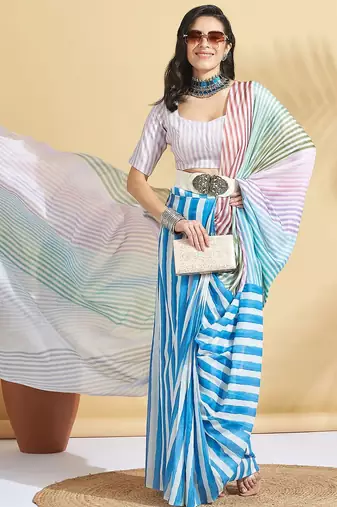 White printed blended cotton designer saree with blouse piece