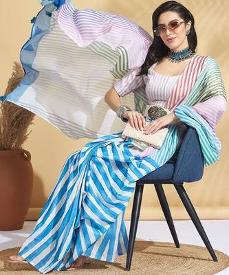 White printed blended cotton designer saree with blouse piece 4