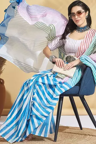 White printed blended cotton designer saree with blouse piece