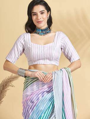 White printed blended cotton designer saree with blouse piece 5