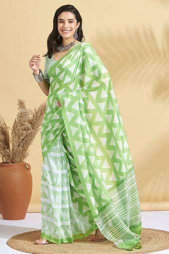 Green printed blended cotton designer saree with blouse piece