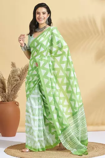 Green printed blended cotton designer saree with blouse piece