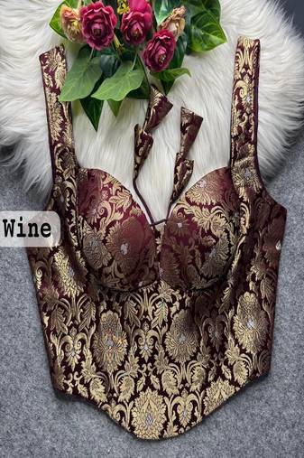 Wine zari woven jacquard silk designer readymade saree blouse for women wedding party wear