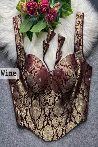 Wine zari woven jacquard silk designer readymade saree blouse for women wedding party wear