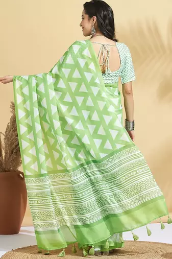 Green printed blended cotton designer saree with blouse piece