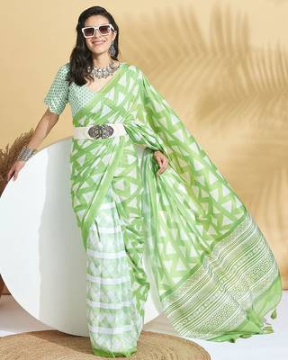 Green printed blended cotton designer saree with blouse piece 3