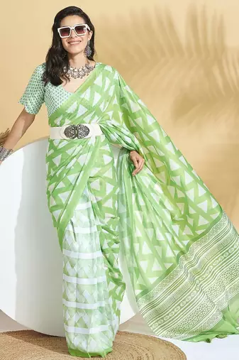 Green printed blended cotton designer saree with blouse piece