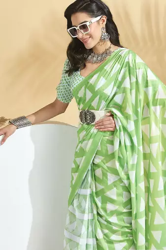 Green printed blended cotton designer saree with blouse piece