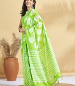 Green printed blended cotton designer saree with blouse piece