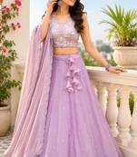 Lavender Scattered Bead Floral Buta Work Fendy Silk Flared Lehenga Choli with Blouse | Fully Stitched