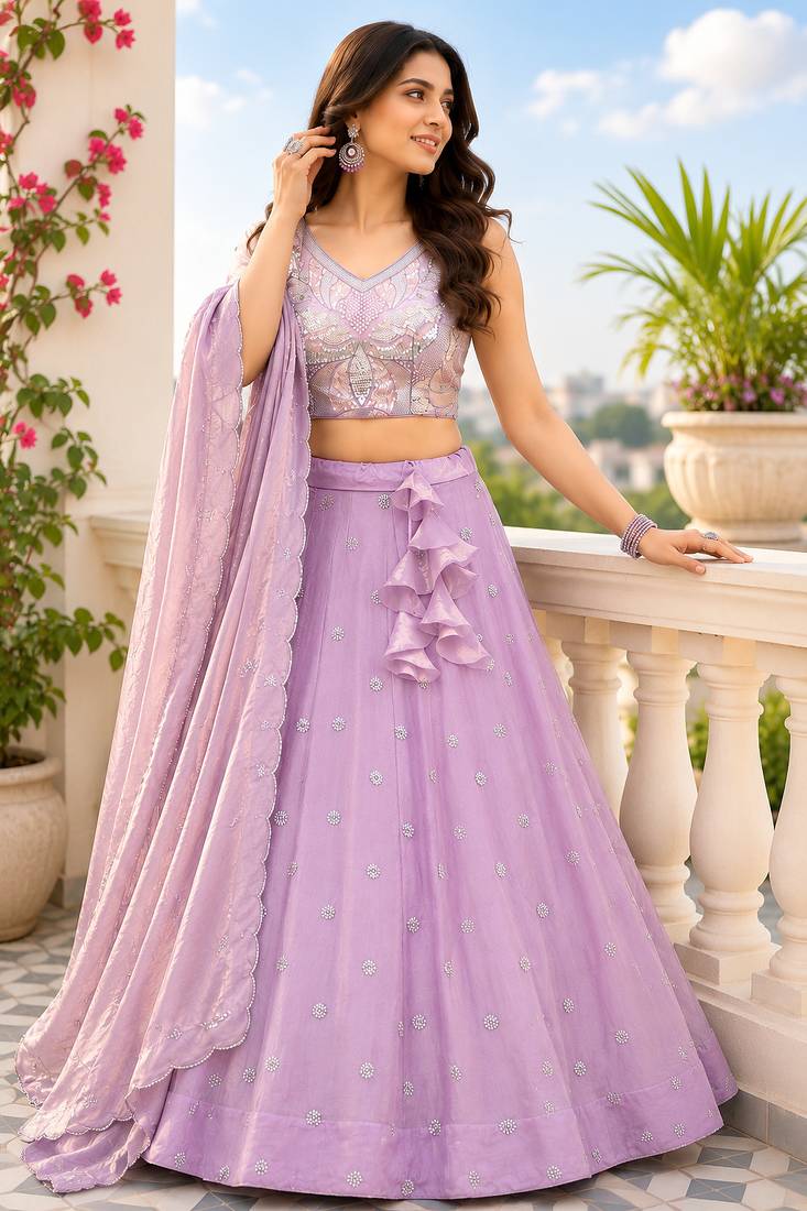 Lavender Scattered Bead Floral Buta Work Fendy Silk Flared Lehenga Choli with Blouse | Fully Stitched