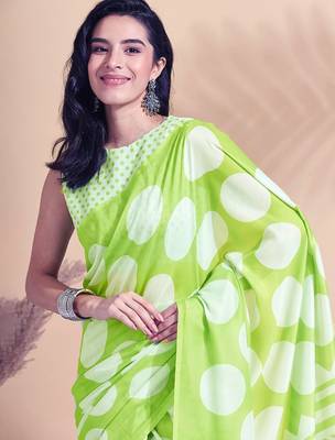 Green printed blended cotton designer saree with blouse piece 5
