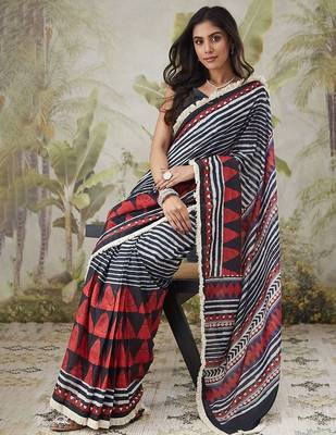 Red elegant printed polycotton saree with blouse piece 5