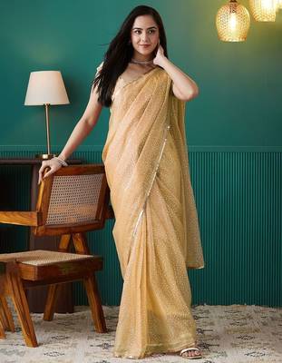 Yellow elegant printed organza saree with blouse piece 1