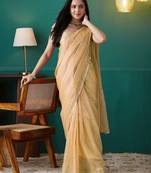 Yellow elegant printed organza saree with blouse piece