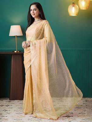 Yellow elegant printed organza saree with blouse piece 2