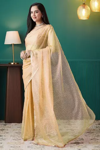 Yellow elegant printed organza saree with blouse piece