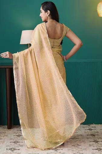 Yellow elegant printed organza saree with blouse piece