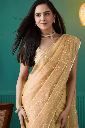 Yellow elegant printed organza saree with blouse piece