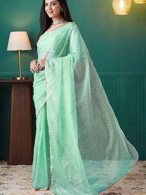 Green elegant printed organza saree with blouse piece 2