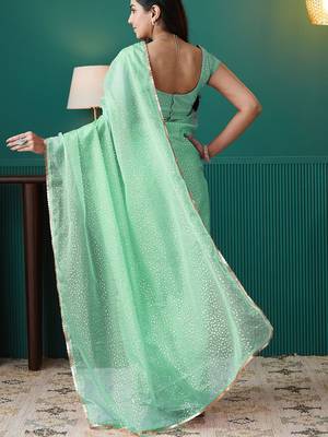 Green elegant printed organza saree with blouse piece 3
