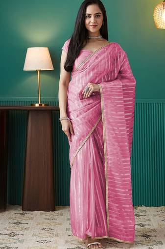 Pink elegant printed organza saree with blouse piece