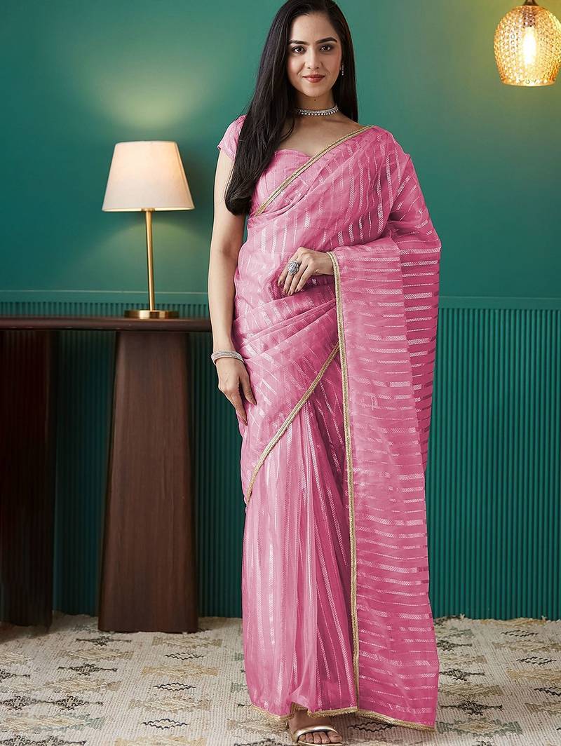 Pink elegant printed organza saree with blouse piece