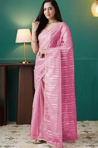 Pink elegant printed organza saree with blouse piece