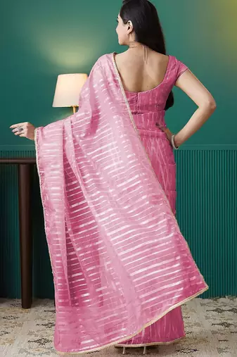 Pink elegant printed organza saree with blouse piece
