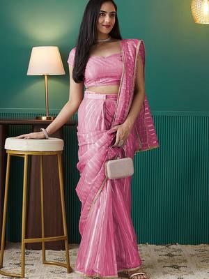 Pink elegant printed organza saree with blouse piece 4