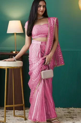 Pink elegant printed organza saree with blouse piece