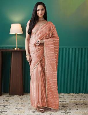 Peach elegant printed organza saree with blouse piece 1