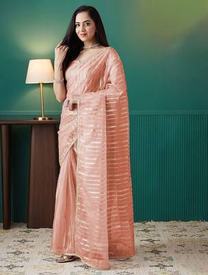 Peach elegant printed organza saree with blouse piece 2