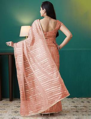 Peach elegant printed organza saree with blouse piece 3