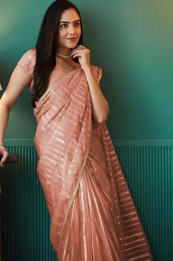 Peach elegant printed organza saree with blouse piece