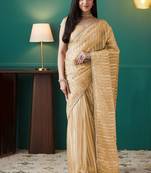 Yellow elegant printed organza saree with blouse piece