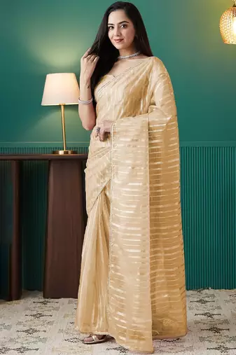 Yellow elegant printed organza saree with blouse piece